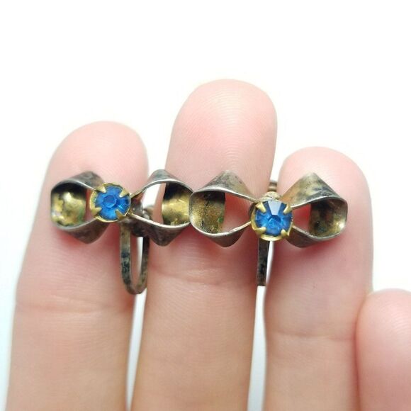 Vintage Sterling Silver Blue Rhinestone Bow Shape Clip On Screw Back Earrings - Picture 6 of 7